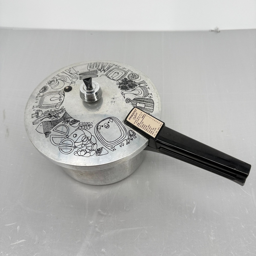 Vintage Presto Deluxe 4 Qt Pressure Cooker Model A414A Graphic Lid Made in USA